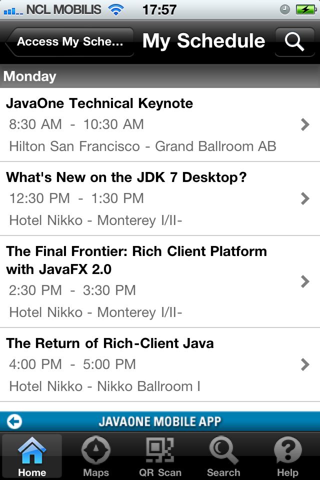 Planning personnel sur l'application iOS JavaOne 2011.