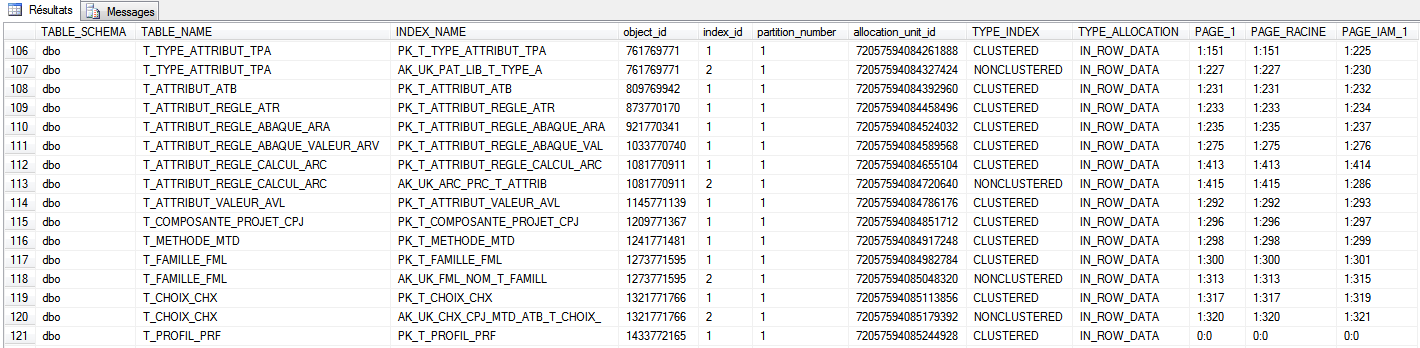 Résultat présentant les pages racine, d'entrée et IAM (Index Allocation Map) des tables et index de SQL Server